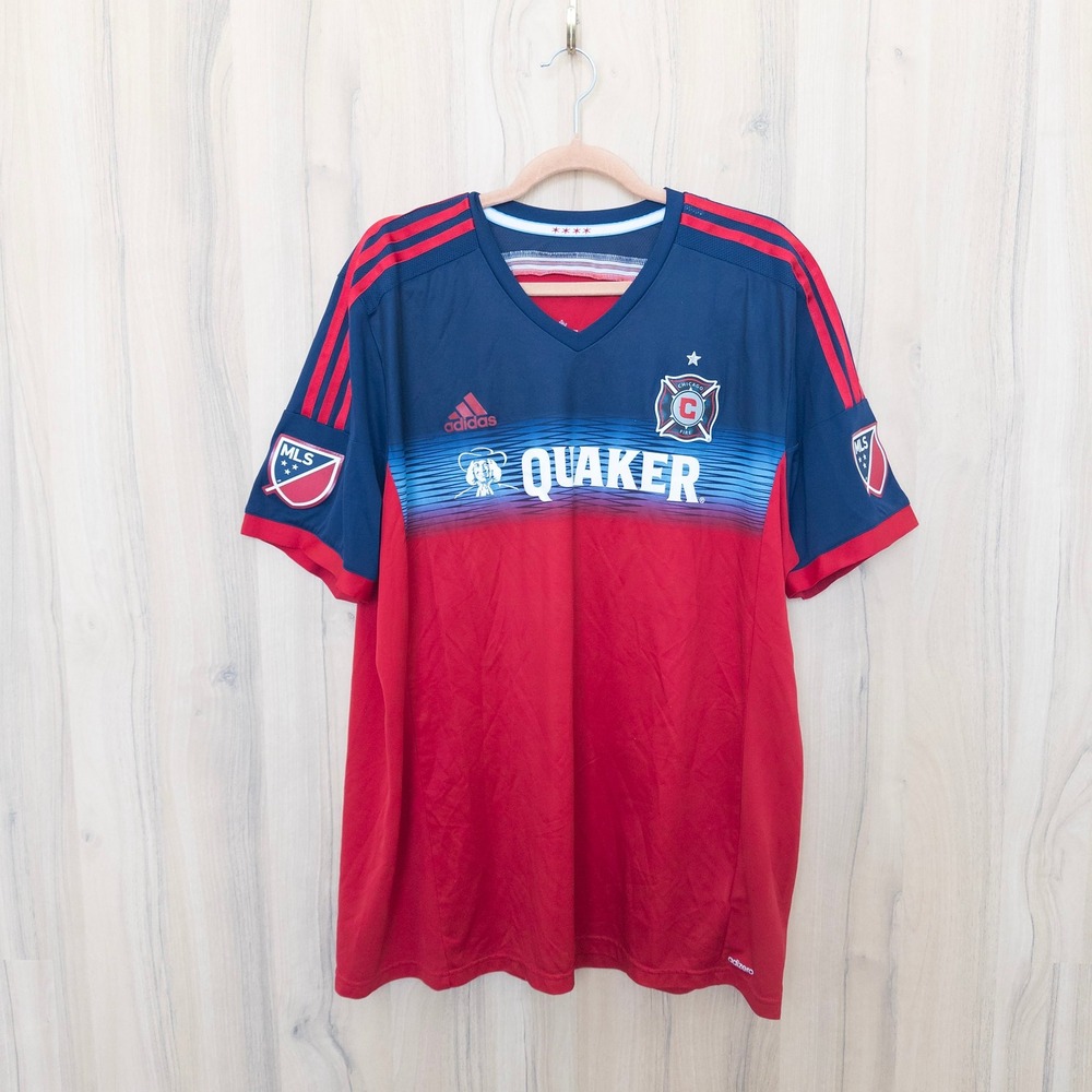 Adidas Mens Soccer Jersey 2XL Red Blue Chicago Fire MLS Quaker Adizero Sporty